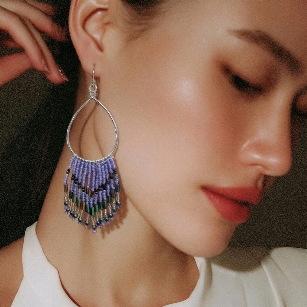 Elegant Purple Beaded Teardrop Earrings